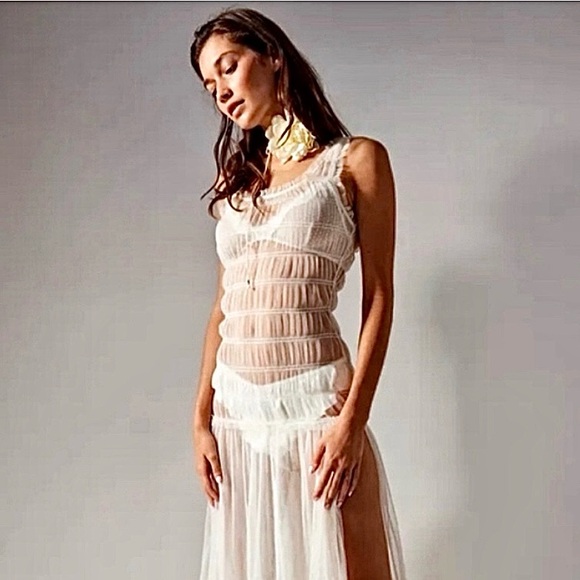 Free People Dresses & Skirts - NEW Free People Intimately “lets talk” Off White Tulle Sheer Maxi Slip Dress XS